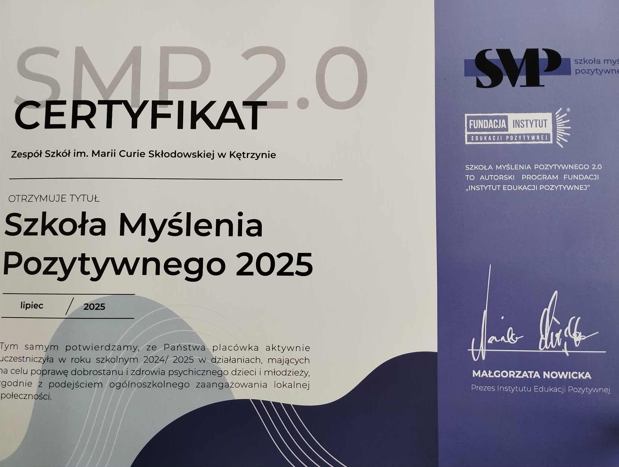 Tytuł Szkoły Pozytywnego Myślenia 2025 dla ZS