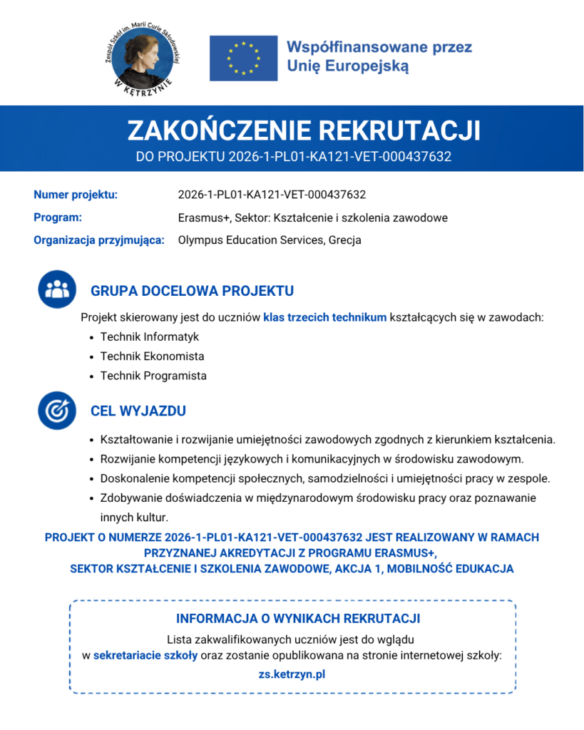 Erasmus+ - zakończenie rekrutacji do projektu 2026-1-PL01-KA121-VET-000437632